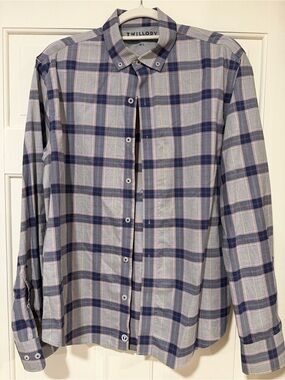 Twillory Untuckable Plaid Button Down Shirt Men’s Size M-L Navy Grey